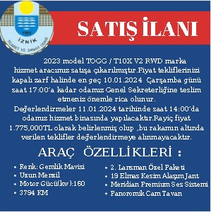 İZNİK TİCARET VE SANAYİ ODASI - SATIŞ İLANI